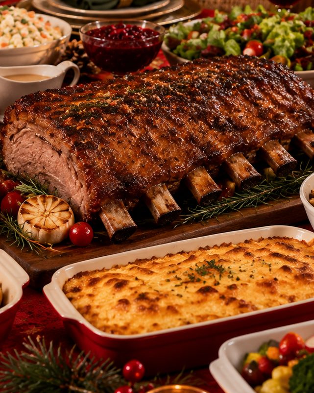 Costela assada com alho e tomates, ao lado de um gratinado