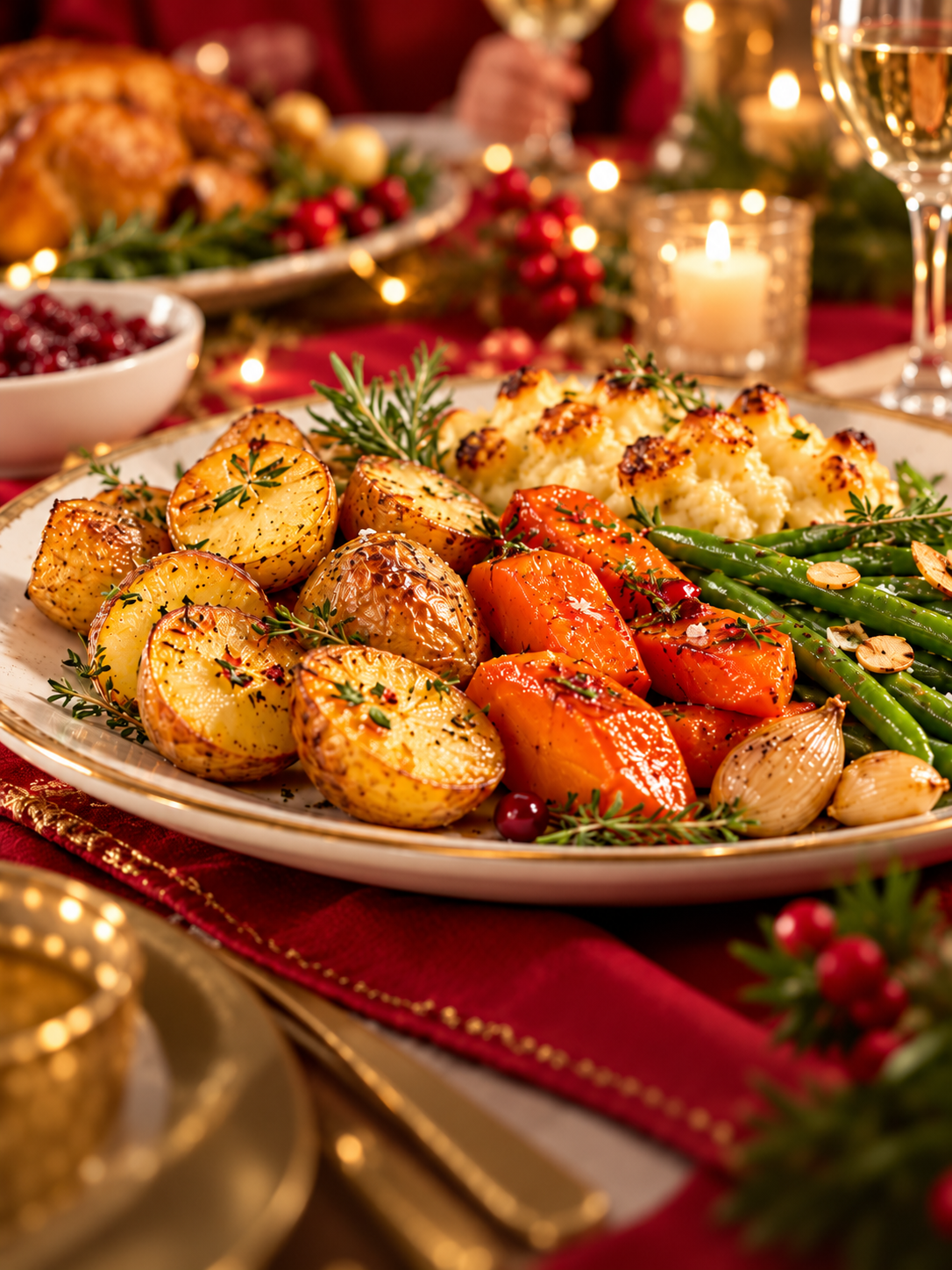 Prato servido com batatas assadas, vagem e cenoura na ceia de Natal