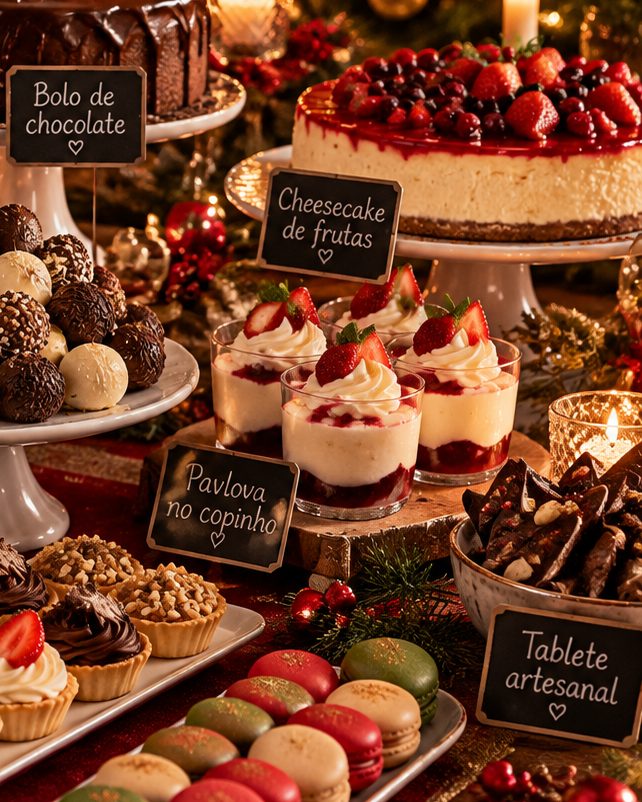 Mesa de sobremesas com cheesecake de frutas vermelhas, pavlova no copinho, bombons e macarons