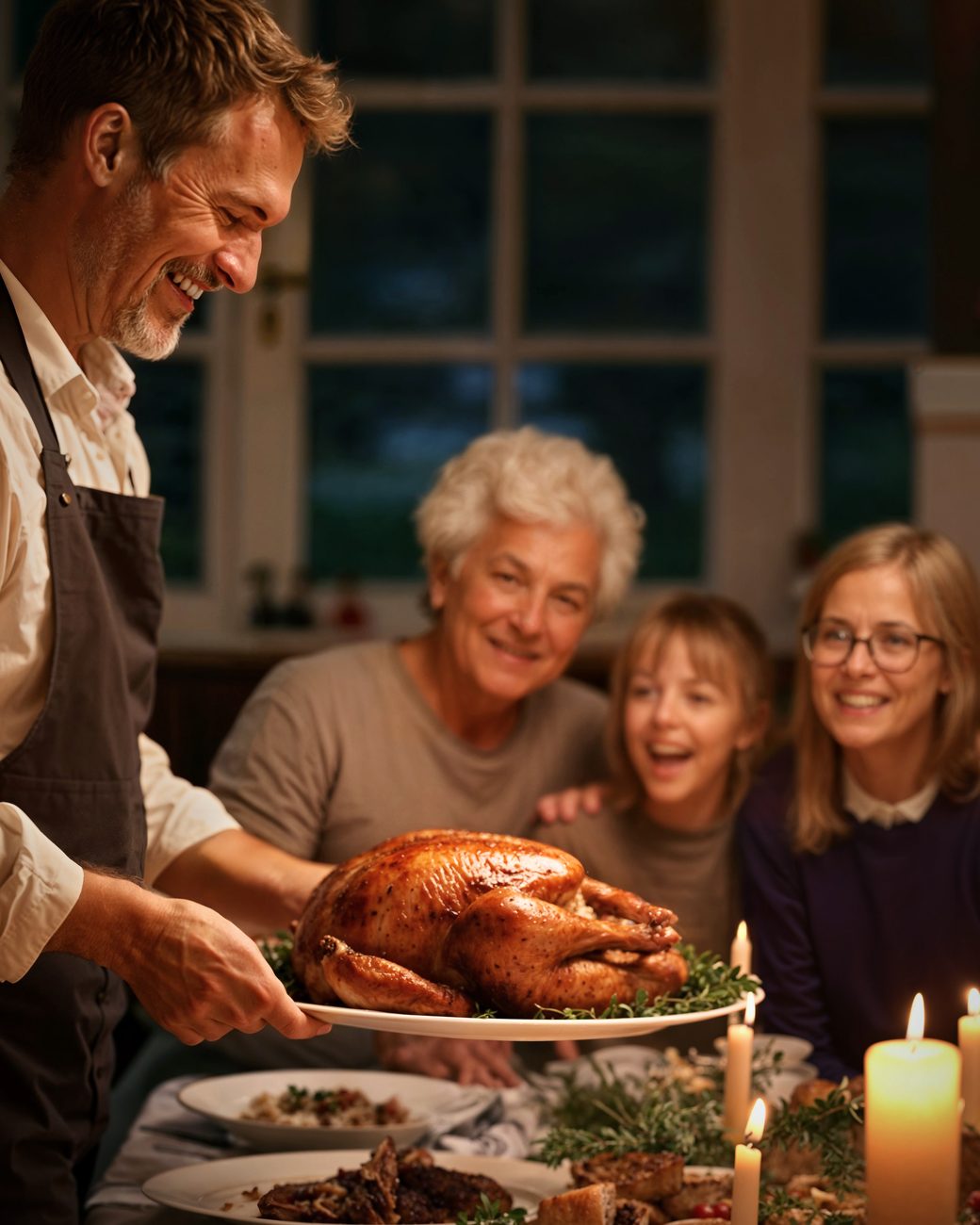 Família sorridente reunida à mesa enquanto o anfitrião serve o peru assado da ceia de Natal