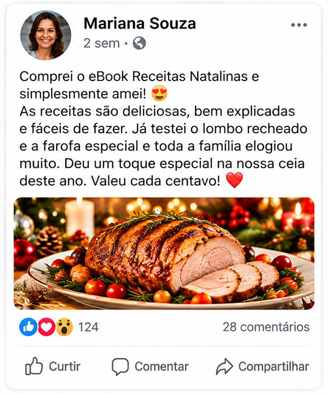 Depoimento de Mariana Souza: Comprei o eBook Receitas Natalinas e simplesmente amei! As receitas são deliciosas, bem explicadas e fáceis de fazer. Já testei o lombo recheado e a farofa especial e toda a família elogiou muito. Deu um toque especial na nossa ceia deste ano. Valeu cada centavo!