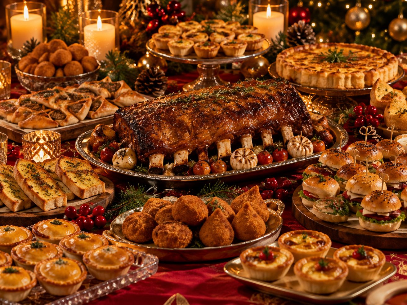 Costela assada dourada cercada de coxinhas, empadinhas, torta e salgadinhos em mesa de Natal