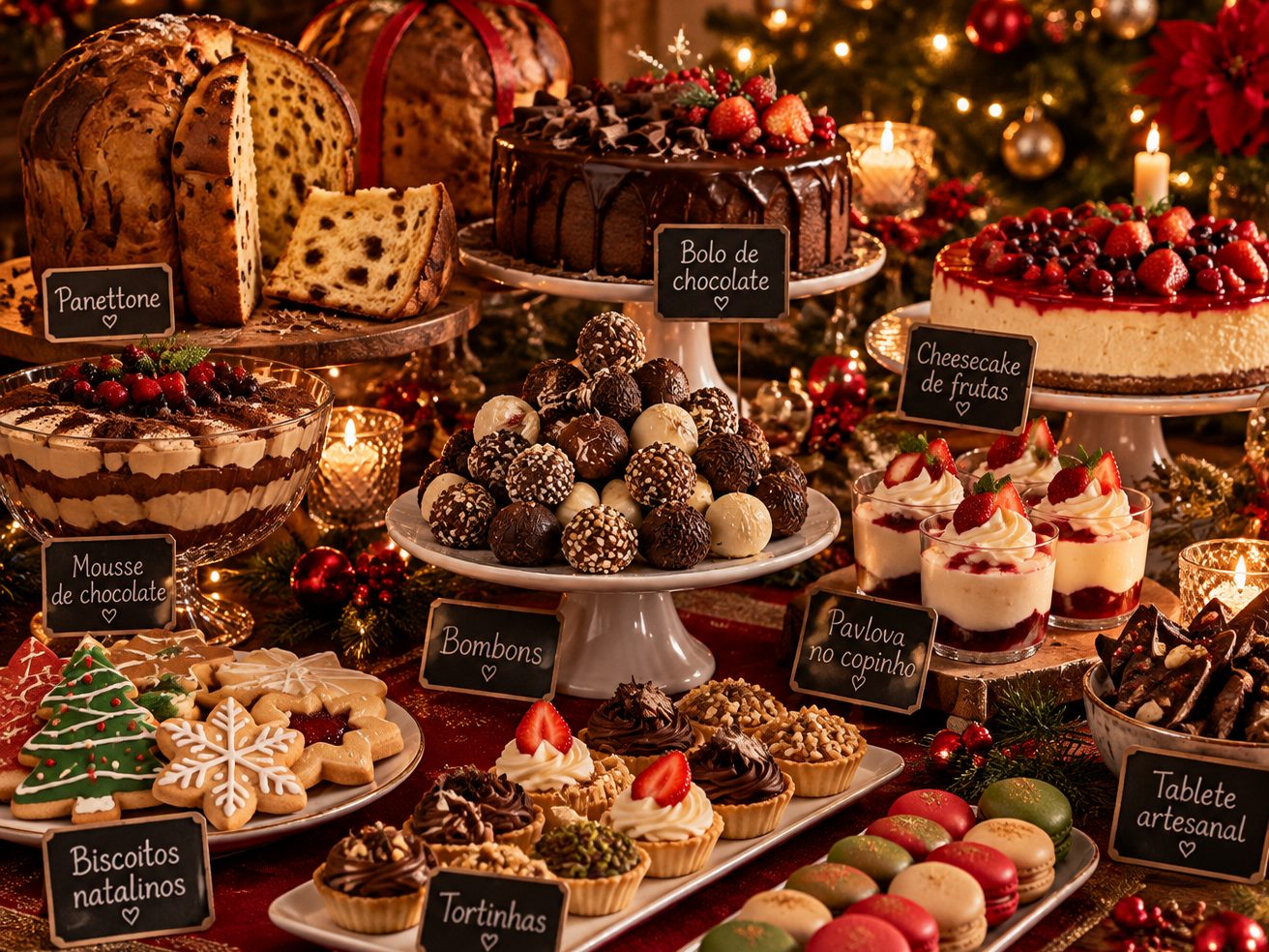 Mesa de sobremesas natalinas com panetone, bolo de chocolate, mousse, bombons, cheesecake, biscoitos decorados e tortinhas