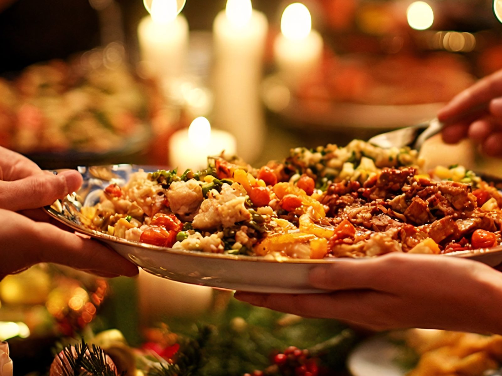 Travessa com carne, arroz e legumes sendo passada de mão em mão na ceia à luz de velas