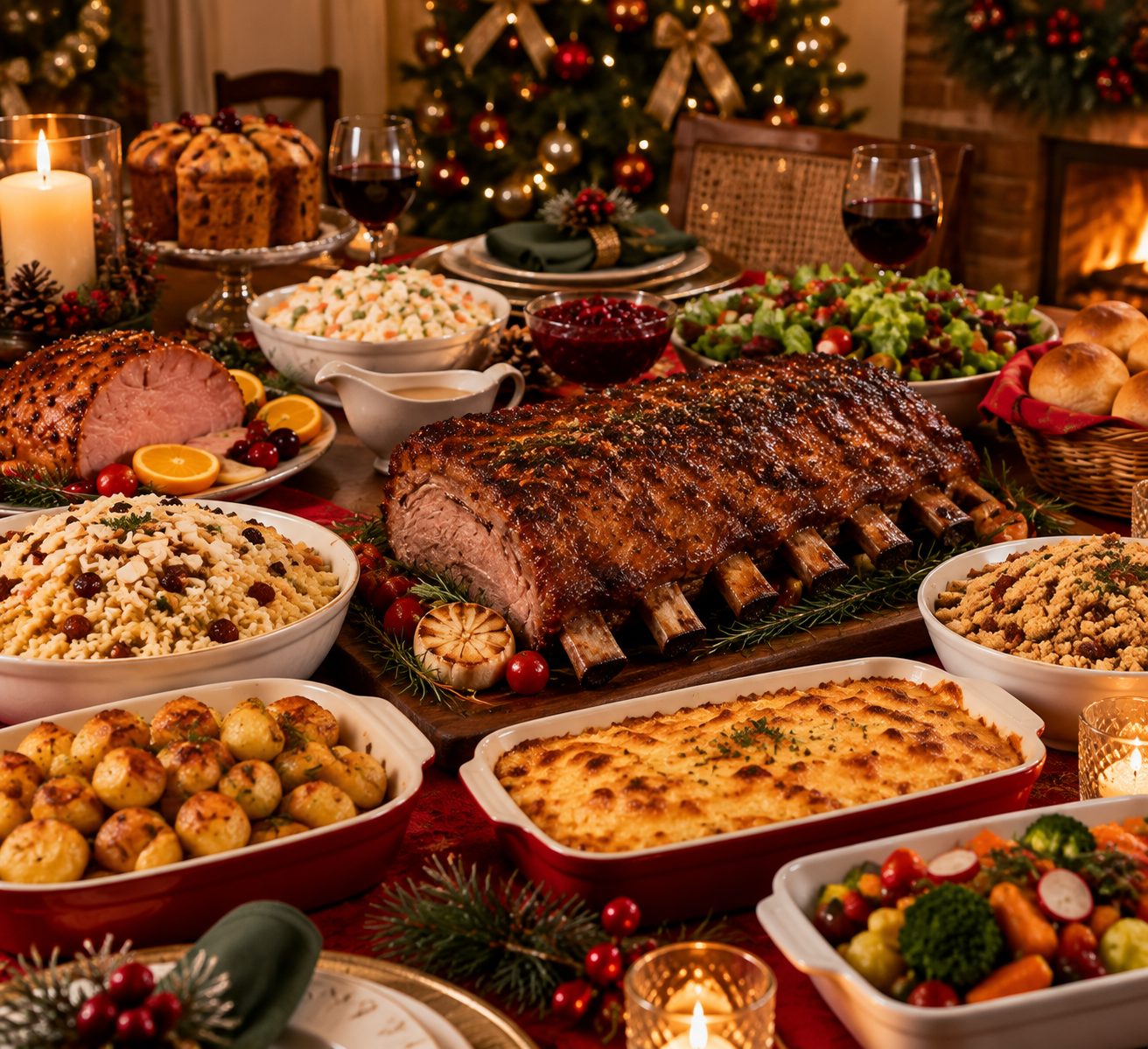 Mesa de ceia de Natal à luz de velas com costela assada, tender, arroz natalino, batatas, gratinado, saladas e panetone