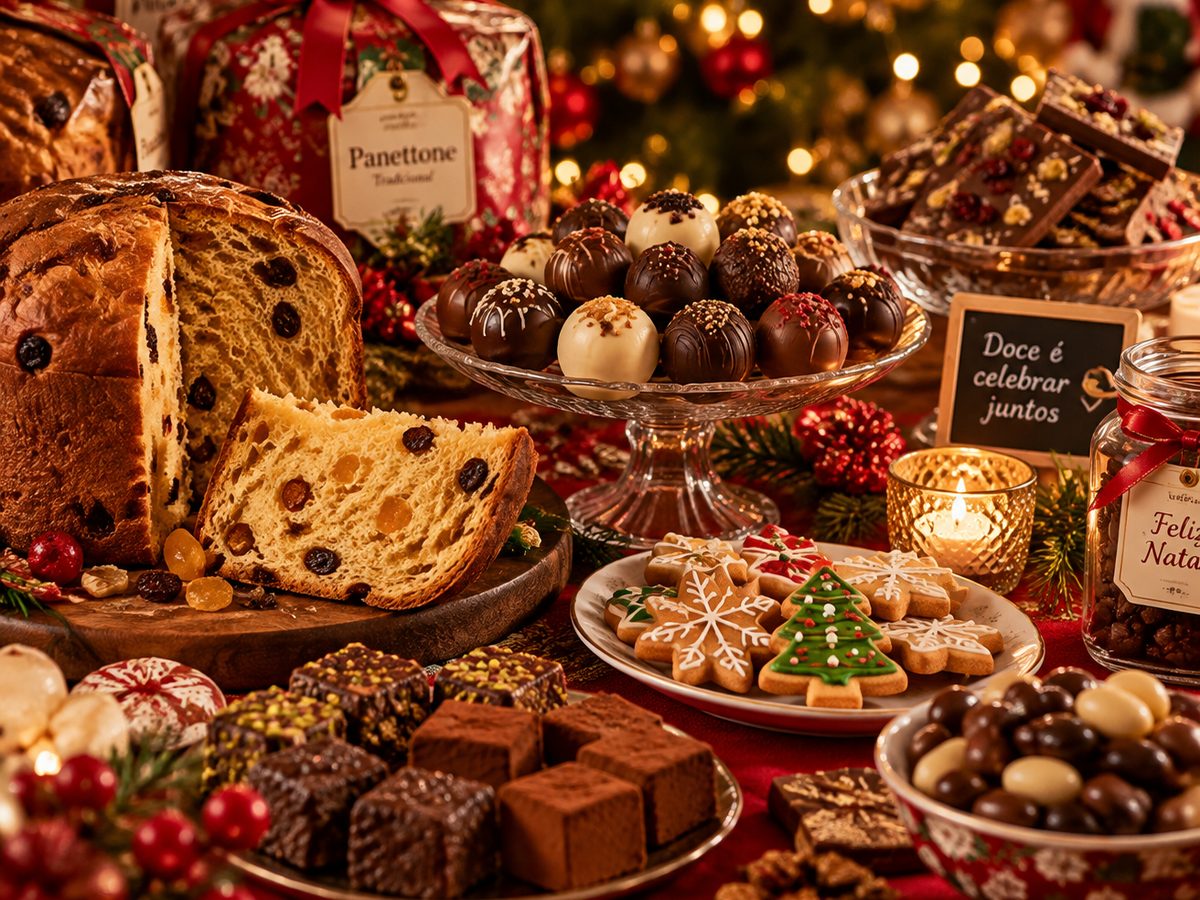 Mesa natalina de doces com panetone fatiado, bombons, biscoitos decorados e brownies