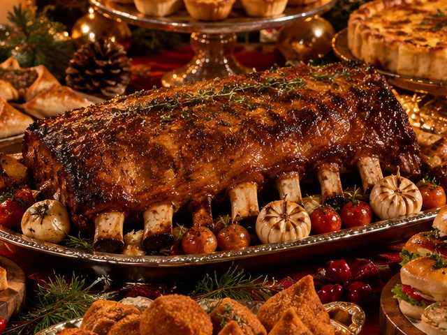 Costela assada dourada servida em travessa na mesa de Natal