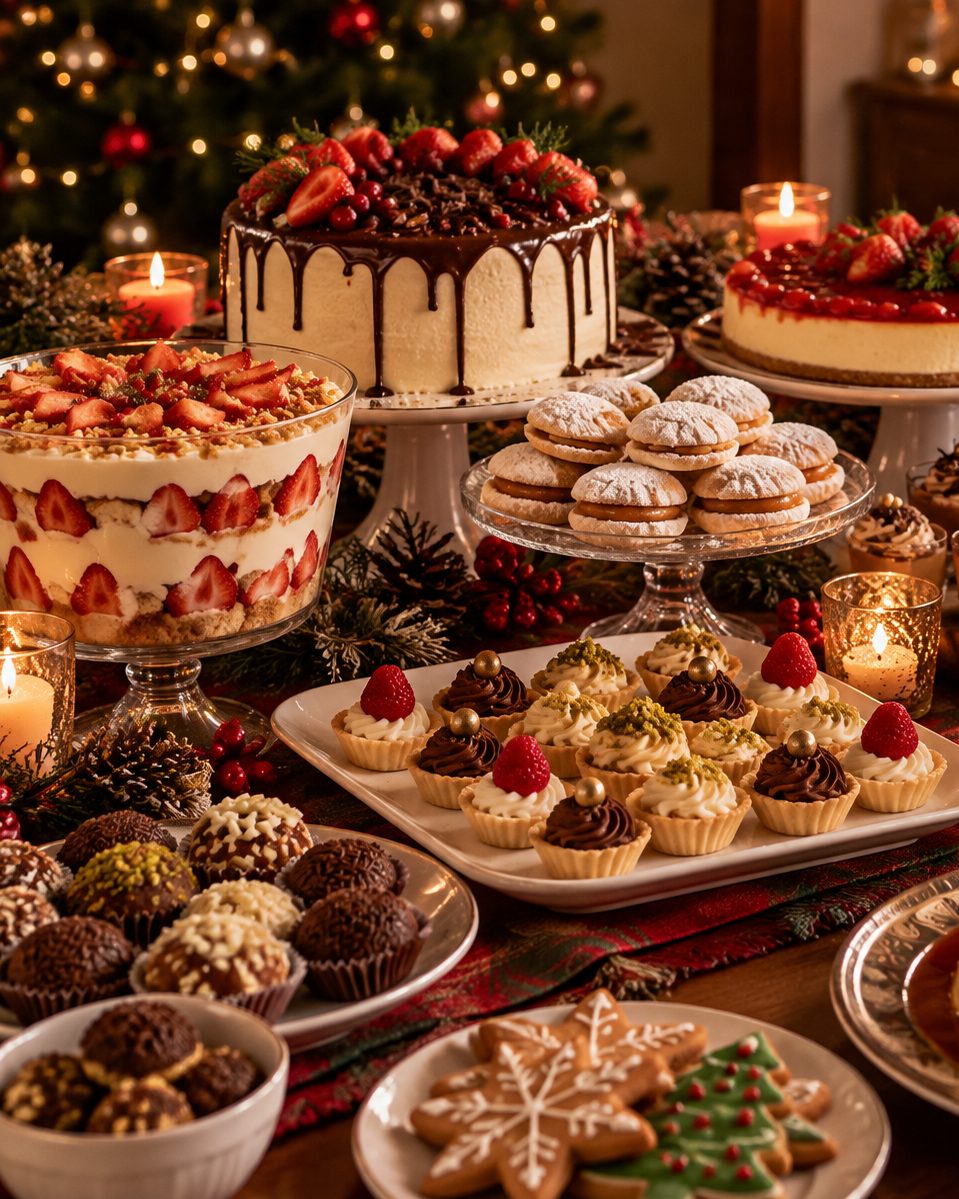 Mesa de sobremesas natalinas com bolo com calda de chocolate e morangos, pavê de morango, cheesecake, panetone, brigadeiros e tortinhas
