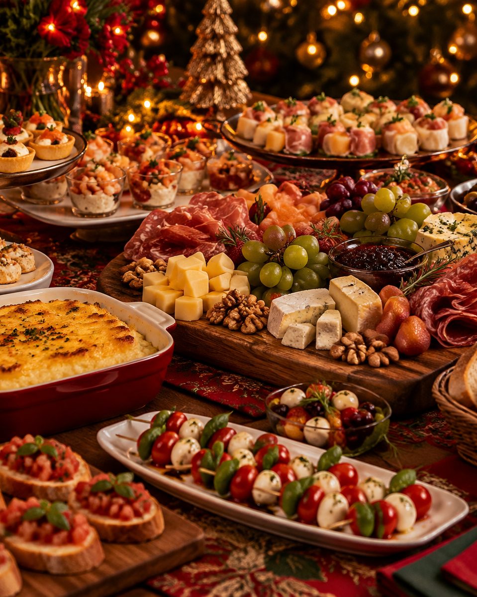 Mesa de entradas natalinas com tábua de frios e queijos, uvas, bruschettas, espetinhos caprese e gratinado